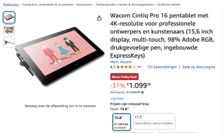 Wacom Cintiq Pro 16 pentablet met 4K-resolutie voor 1099,99 euro