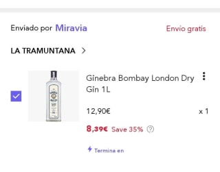 Bombay Dry Ginebra 70cl por 8,39€.