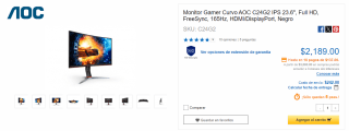 Monitor Curvo AOC C24G2 IPS 23.6" por $2,189 | Descuento CyberPuerta