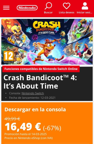 Crash Bandicoot 4: It's About Time Nintendo Switch por 16,49€.