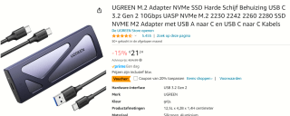 UGREEN M.2 Adapter NVMe SSD Harde Schijf Behuizing voor €16,99 bij Amazon