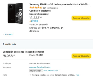 Samsung S20 Ultra 5G Reacondicionado a $8,058 en Amazon