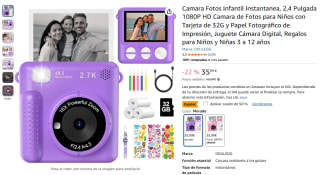 Cámara Fotos Infantil Instantánea 1080P HD con 3 rollos de papel y accesorios por 17,99€