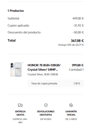 Móvil Honor 70 de 8GB/128GB por 367,08€