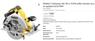 DeWALT DCS570NT 18V Li-Ion accu Cirkelzaag body in TSTAK koffer voor €190,97 bij Amazon
