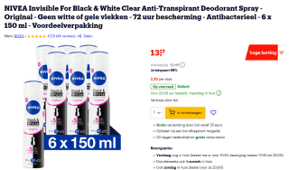 6x 150 ml NIVEA Invisible Deodorant voor €13,17 bij Bol