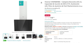 Hisense CH6IN6BXBG - Campana Decorativa 60 cm, Capacidad de Succión de 650 m³/h por 118€