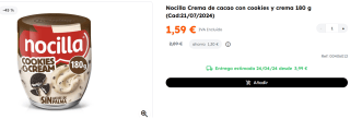 5 Botes de NOCILLA Crema de cookies and cream sin aceite de palma vaso 180 g por 7.95€