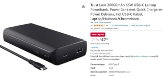 Trust Laro 20000mAh 65W USB-C Laptop Powerbank Incl USB-C Kabel voor €47,49 met Amazon Prime