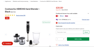 Cookworks HB951H6 Hand Blender - Black - £20