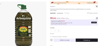 Fuenteoliva Aceite de Oliva Virgen Extra Suave 5 Litros variedad Arbequina con aceitunas seleccionadas por 45,54€ (33,54€ cuenta nueva)