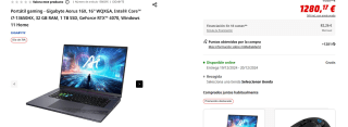 Portátil gaming Gigabyte Aorus 16X, 16" WQXGA, Intel Core i7-13650HX, 32 GB RAM, 1 TB SSD, GeForce RTX 4070 por 1.280,17€