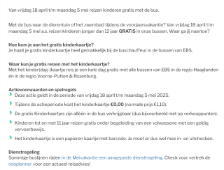 Kinderen reizen gratis in de bussen van EBS in de meivakantie