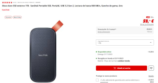Disco duro SSD externo 1TB - SanDisk Portable SSD, Portátil, USB 3.2 Gen 2, Lectura de hasta 800 MB/s por 59€