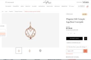 Pingente Life, modelo em Coração Liga Rosé Cravejado - R$ 189