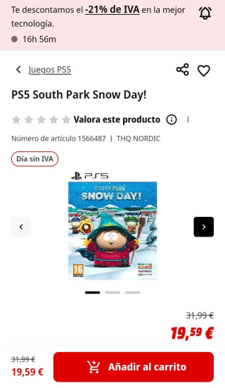 South Park Snow Day PS5 por 19,59€.