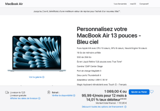 MacBook Air 13 pouces - Bleu ciel à 1.069€