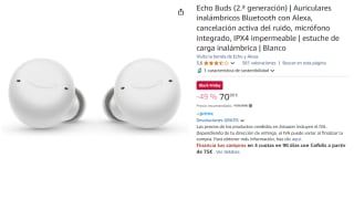 Echo Buds (2.ª generación) | Auriculares inalámbricos Bluetooth con Alexa, cancelación activa del ruido, micrófono integrado, IPX4 impermeable | estuche de carga inalámbrica por 70.99€