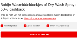 Probeer Robijn Wasmiddeldoekjes of Dry Wash Spray met 50% cashback via probeerrobijn
