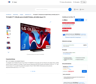 Smart TV OLED 77" 195,58 cm LG OLED77C44LA 4K UHD por 1,799€ con 200€ Cashback LG