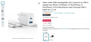 Anker snelle 20W-wandoplader met USB-C kabel van 1,5m voor €11,99 bij Amazon
