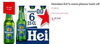 Heineken 0.0 % mono pilsener twist-off 6 x 250 ml voor €1,50 bij de Dekamarkt
