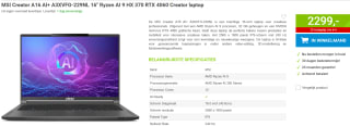 MSI Creator A16 AI+ A3XVFG-229NL 16" Ryzen AI 9 HX 370 RTX 4060 Creator laptop voor €2.229 bij bij Megekko