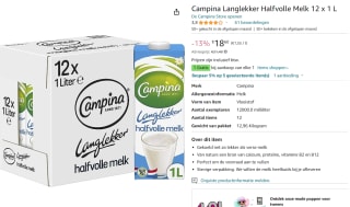 Campina Langlekker halfvolle melk 24 x 1 l voor €18,60 bij Amazon