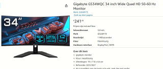 Gigabyte GS34WQC 34 inch Wide Quad HD 50-60 Hz Monitor voor €241,48 bij Amazon
