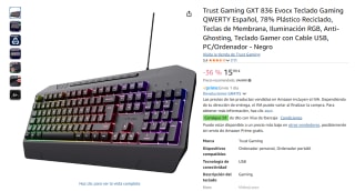 Trust Gaming GXT 836 Evocx Teclado Gaming QWERTY Españo por 15,99€