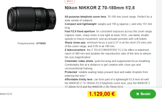 Nikon Nikkor Z 70-180mm f/2.8 voor €1.129 bij Proshop