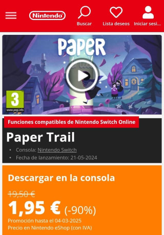 Paper Trail Nintendo Switch por 1,95€.