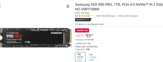Samsung SSD 990 PRO 1TB PCIe 4.0 (NVMe) voor €93,90 bij Amazon