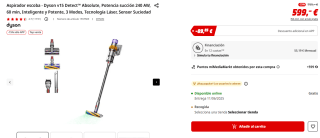 Aspirador escoba Dyson v15 Detect Absolute, Potencia succión 240 AW, 60 min, Inteligente y Potente por 509,15€