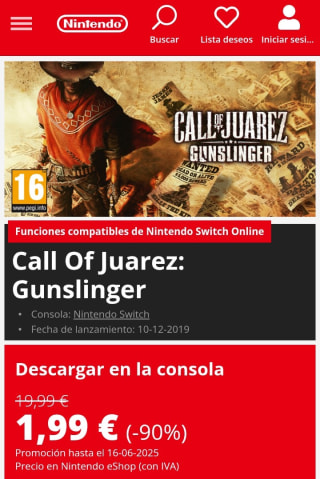 Call of Juárez: Gunslinger Nintendo Switch por 1,99€.