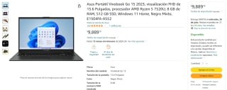 Asus Vivobook Ryzen 5 7520U 15.6" 8GB 512GB por $9,890 en Amazon