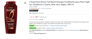 3 Botes de L'Oreal Paris Elvive Full Resist Champú Fortificante para Pelo Frágil con Tendencia a Caerse, Aloe vera, Negro, 400 ml por 7.38€