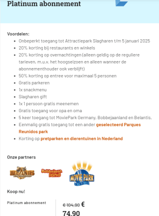 €30 korting op het Platinum en Goud abonnement van Slagharen.