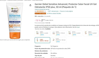 Protector Solar Facial UV Gel Hidratante IP50 plus, 50 ml marca Garnier Delial Sensitive Advanced, por 2,99€