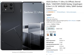 ASUS Zenfone 11 Ultra, 12GB ram, 256GB opslag Zwart voor €700 bij Amazon