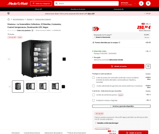 Vinoteca La Sommelière Collection 22 Botellas 6 estantes Control temperatura Iluminación LED Negro por 212,92€