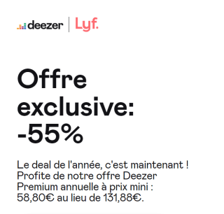 Ne ratez pas l'offre exclusive de 58,80€ sur l'abonnement annuel Premium chez Deezer