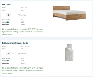 21% korting bij aankoop van 2 artikelen bij Beddenreus