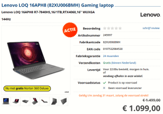 Lenovo LOQ 16APH8 (82XU006BMH) 16" gaming laptop voor €1099 bij Informatique