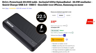 Drivv. Powerbank 20.000 mAh - Inclusief 100w Oplaadkabel voor €23,99 bij Bol