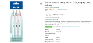 Milan Blíster 3 bolígrafos P1 (azul, negro y rojo) por 1,51€