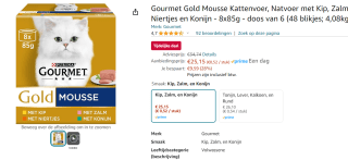 6x Gourmet Gold - Mousse Kip, Zalm & Konijn - Kattenvoer - 8x85g voor €25,15 bij Amazon