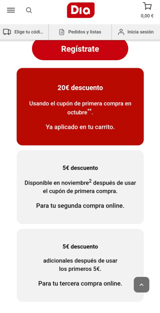 Hasta 30€ descuento desde la app Dia, nuevos registros