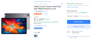 Tablet Lenovo Xiaoxin Pad 2022 128GB por $2,287 en Mercado Libre