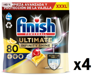 4 Paquetes de Finish Powerball Ultimate Infinity Shine, pastillas para el lavavajillas con protección de la vajilla, Limón, 80 pastillas por 59.96€